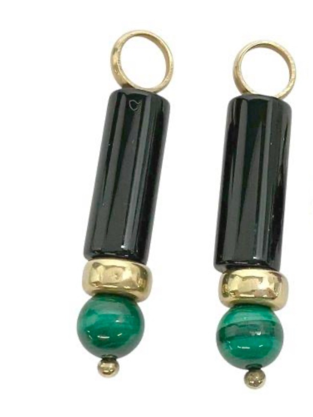 14k Solid Yellow Gold Onyx and Malachite Bead Drop Charms for Hoop Earrings